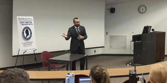 Kevin M. Zielinski introducing the Federalist Society event Is Justice Deferred Justice Denied? The End of Chevron, SIU Simmons Law School